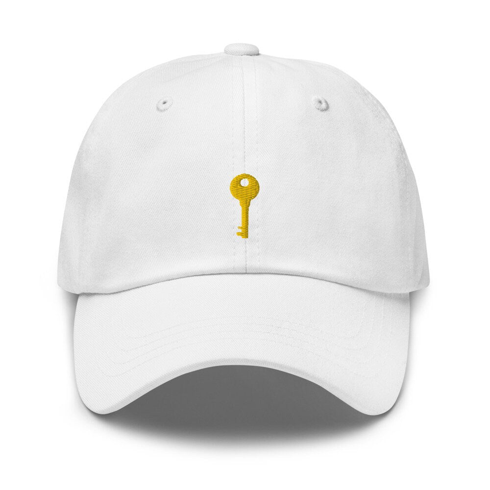 Brass Key Embroidered Unisex Dad Hat, Handmade, Adjustable Baseball Cap Gift