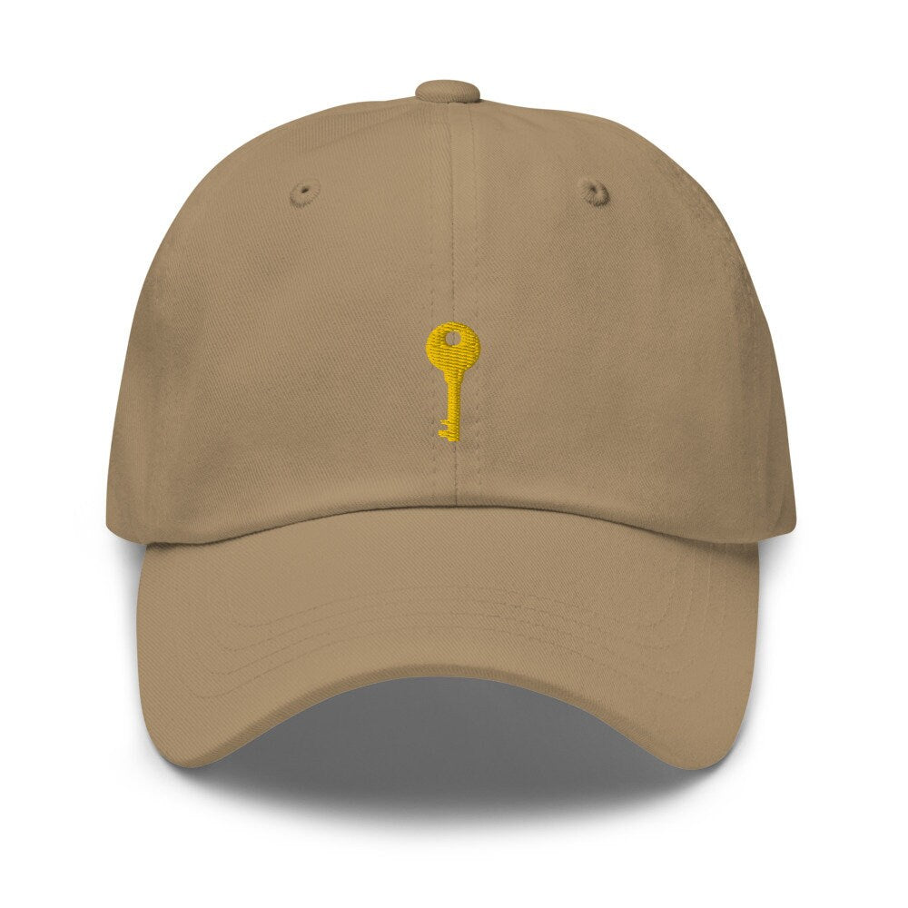 Brass Key Embroidered Unisex Dad Hat, Handmade, Adjustable Baseball Cap Gift